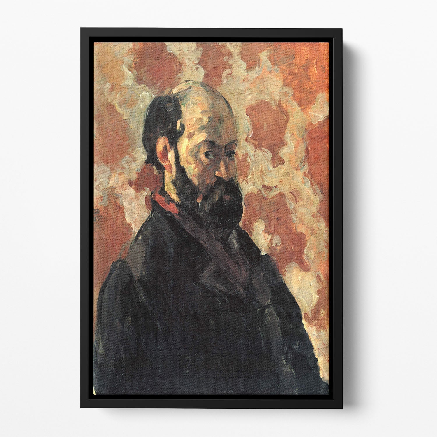 Floating framed canvas of Cezanne's self-portrait with a rose background, showcasing vibrant colors and elegant design.